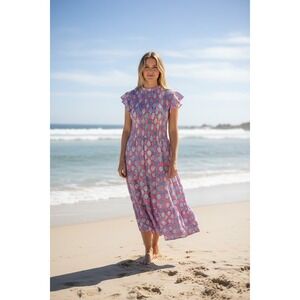 Simply Southern Smocked Maxi Dress Pink Blue Shell Print Size Small